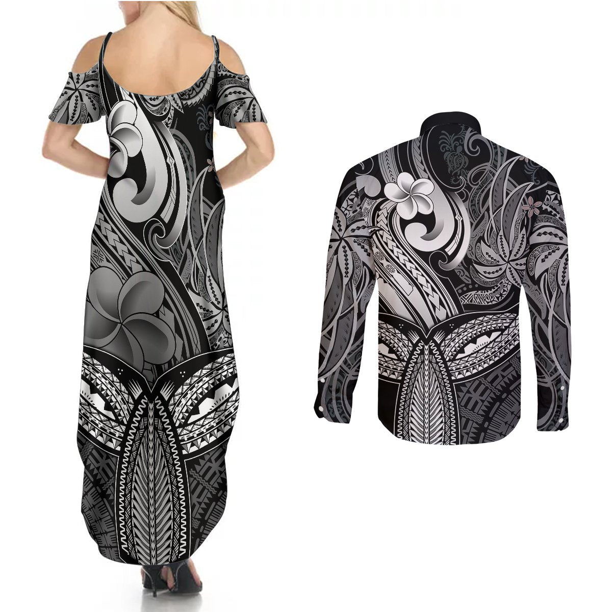 Polynesia Couples Matching Summer Maxi Dress and Long Sleeve Button Shirts Whale Tale and Polynesian Sunset Plumeria Black LT9 - Wonder Print Shop