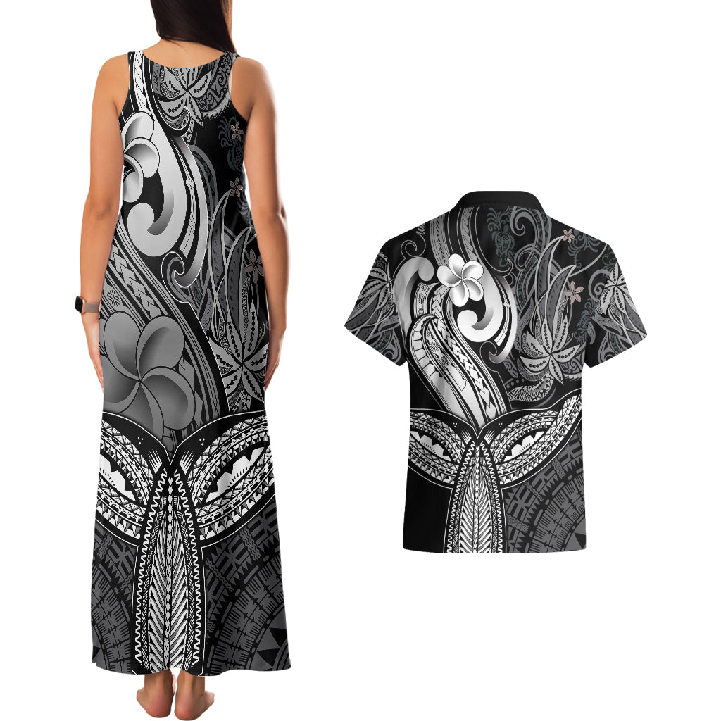 Polynesia Couples Matching Tank Maxi Dress and Hawaiian Shirt Whale Tale and Polynesian Sunset Plumeria Black LT9 - Wonder Print Shop