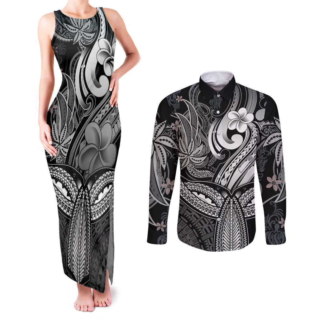 Polynesia Couples Matching Tank Maxi Dress and Long Sleeve Button Shirts Whale Tale and Polynesian Sunset Plumeria Black LT9 - Wonder Print Shop