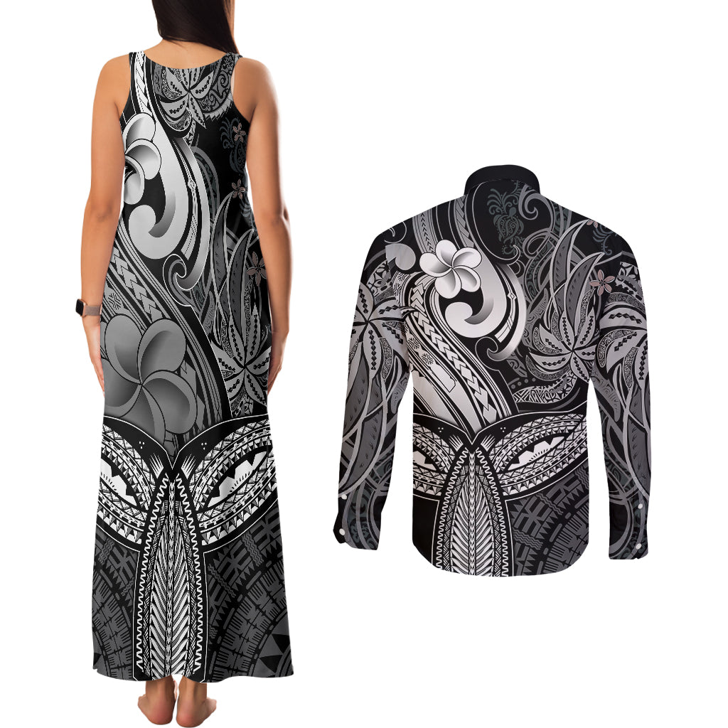 Polynesia Couples Matching Tank Maxi Dress and Long Sleeve Button Shirts Whale Tale and Polynesian Sunset Plumeria Black LT9 - Wonder Print Shop