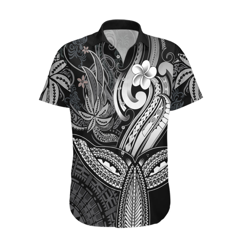 Polynesia Hawaiian Shirt Whale Tale and Polynesian Sunset Plumeria Black - Wonder Print Shop