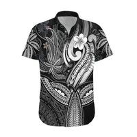 Polynesia Hawaiian Shirt Whale Tale and Polynesian Sunset Plumeria Black - Wonder Print Shop