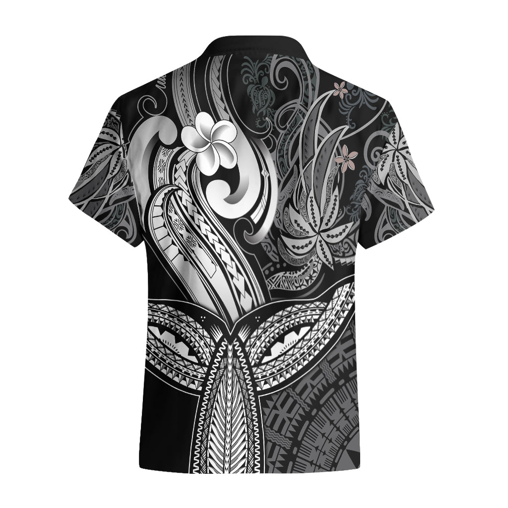 Polynesia Hawaiian Shirt Whale Tale and Polynesian Sunset Plumeria Black - Wonder Print Shop