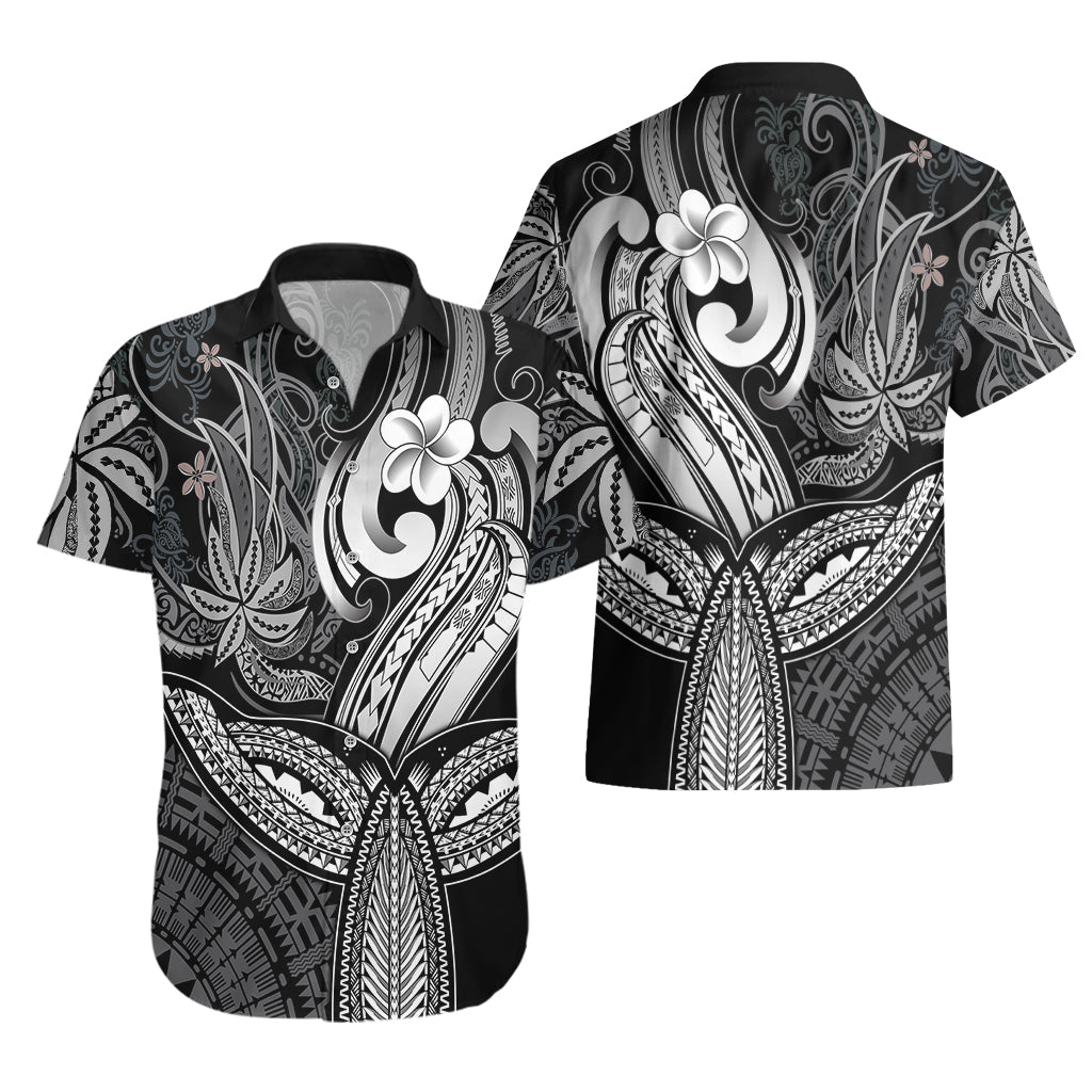 Polynesia Hawaiian Shirt Whale Tale and Polynesian Sunset Plumeria Black - Wonder Print Shop