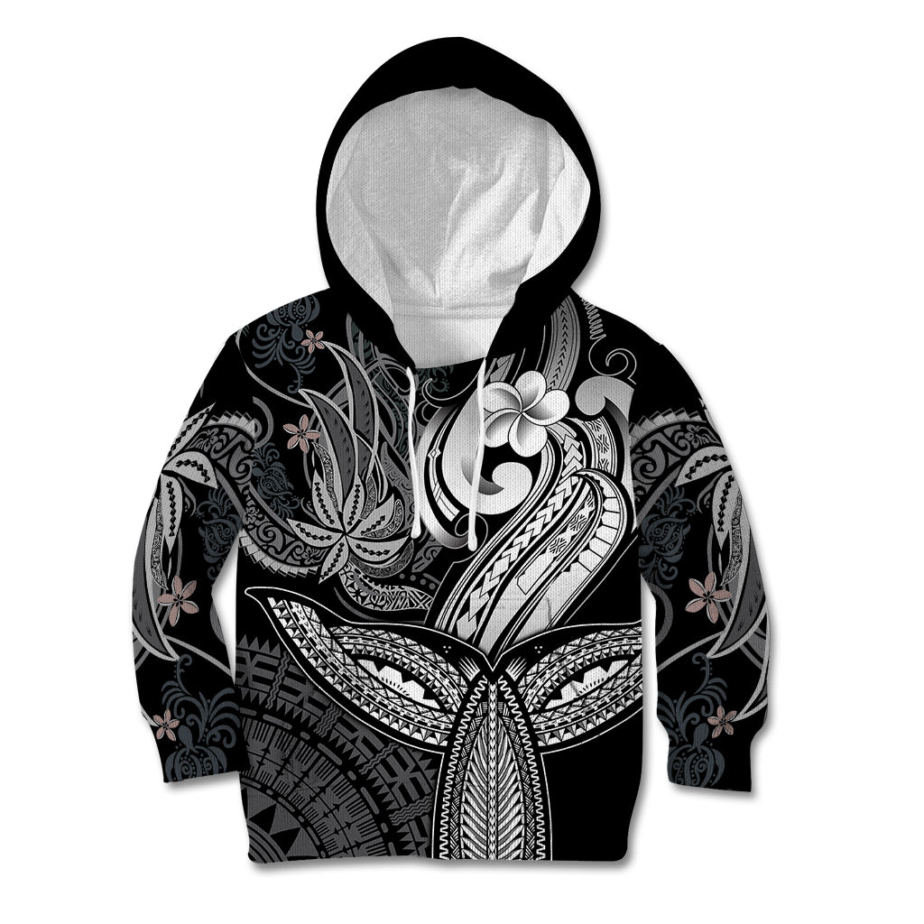 Polynesia Kid Hoodie Whale Tale and Polynesian Sunset Plumeria Black - Wonder Print Shop