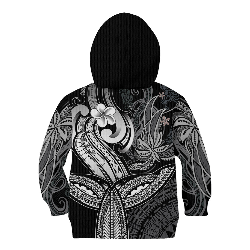 Polynesia Kid Hoodie Whale Tale and Polynesian Sunset Plumeria Black - Wonder Print Shop