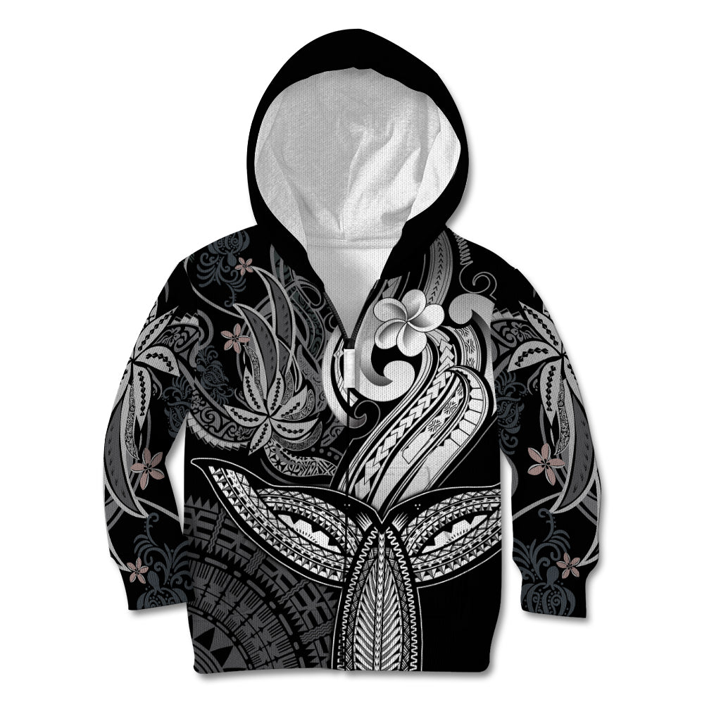 Polynesia Kid Hoodie Whale Tale and Polynesian Sunset Plumeria Black - Wonder Print Shop