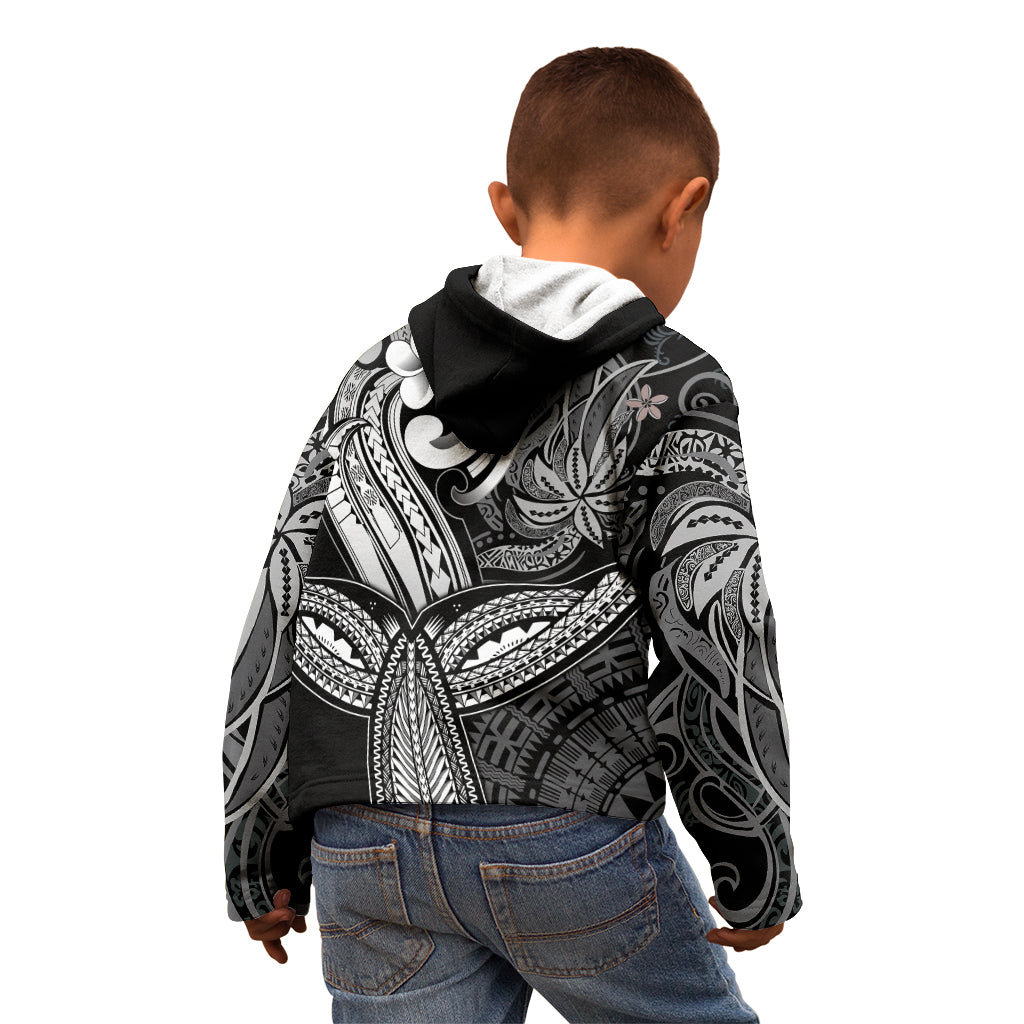 Polynesia Kid Hoodie Whale Tale and Polynesian Sunset Plumeria Black - Wonder Print Shop