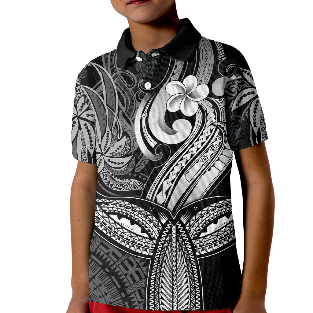 Polynesia Kid Polo Shirt Whale Tale and Polynesian Sunset Plumeria Black - Wonder Print Shop
