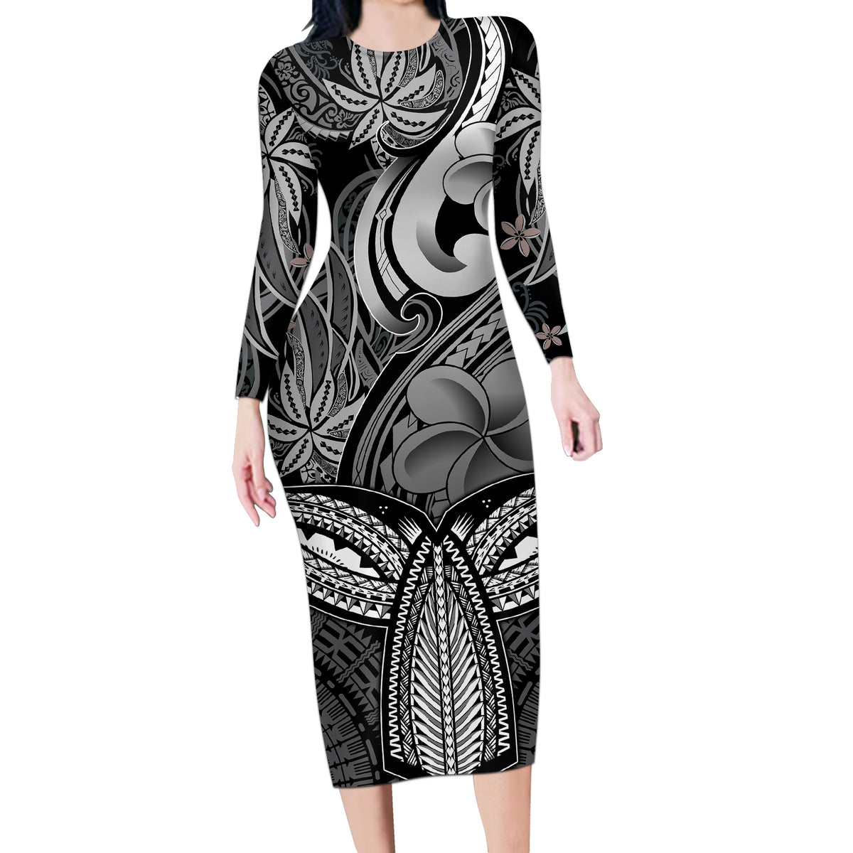 Polynesia Long Sleeve Bodycon Dress Whale Tale and Polynesian Sunset Plumeria Black - Wonder Print Shop