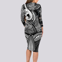 Polynesia Long Sleeve Bodycon Dress Whale Tale and Polynesian Sunset Plumeria Black - Wonder Print Shop