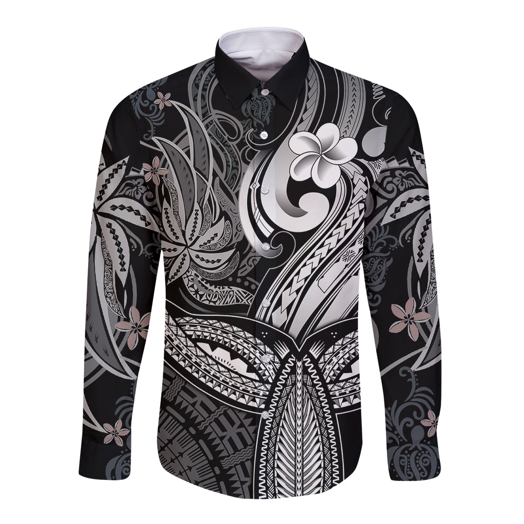 Polynesia Long Sleeve Button Shirt Whale Tale and Polynesian Sunset Plumeria Black - Wonder Print Shop