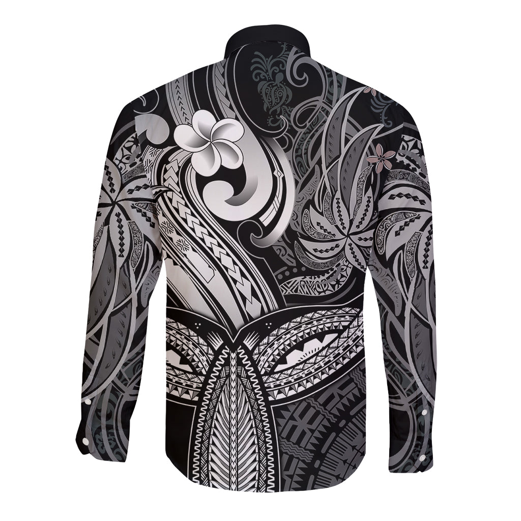 Polynesia Long Sleeve Button Shirt Whale Tale and Polynesian Sunset Plumeria Black - Wonder Print Shop