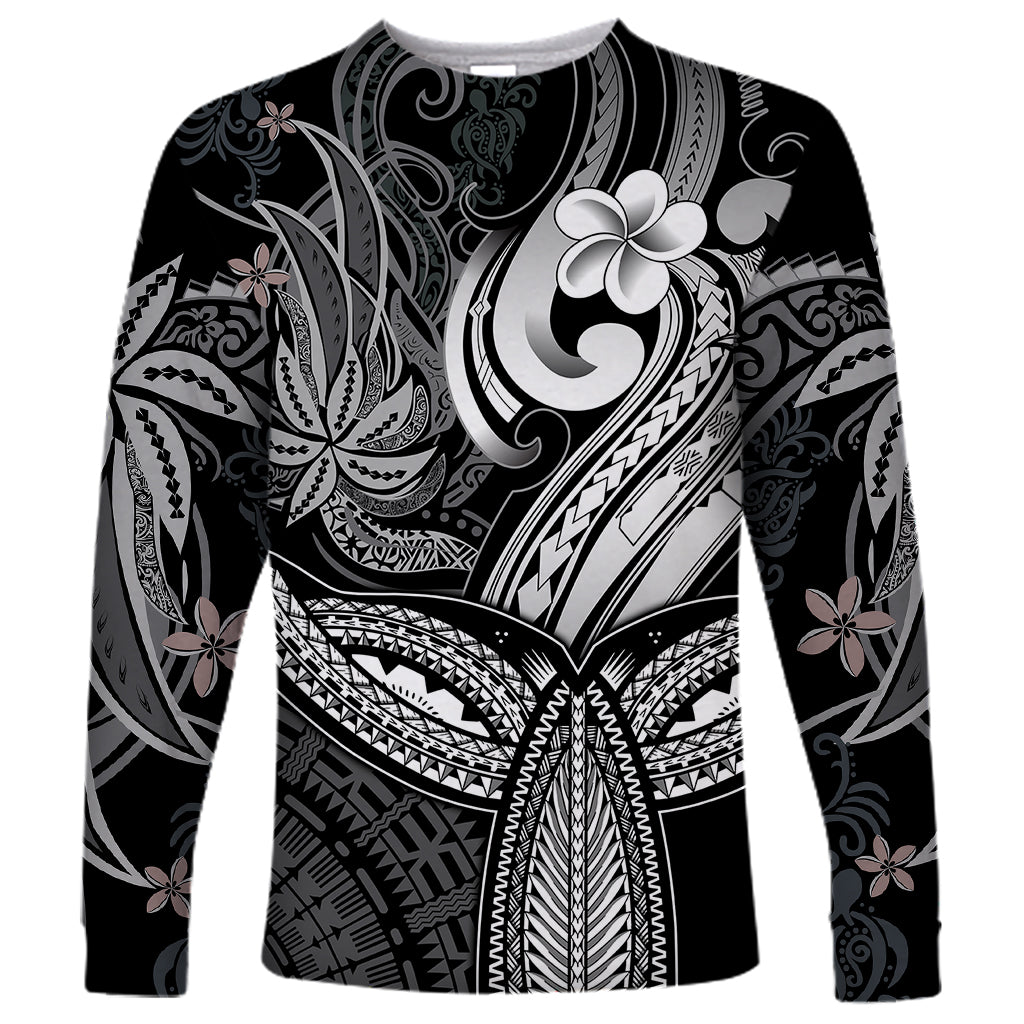 Polynesia Long Sleeve Shirt Whale Tale and Polynesian Sunset Plumeria Black - Wonder Print Shop
