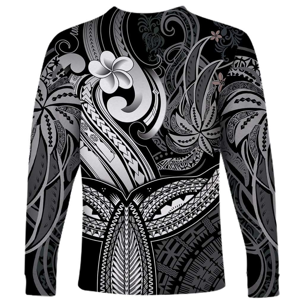 Polynesia Long Sleeve Shirt Whale Tale and Polynesian Sunset Plumeria Black - Wonder Print Shop