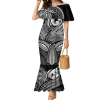 Polynesia Mermaid Dress Whale Tale and Polynesian Sunset Plumeria Black - Wonder Print Shop