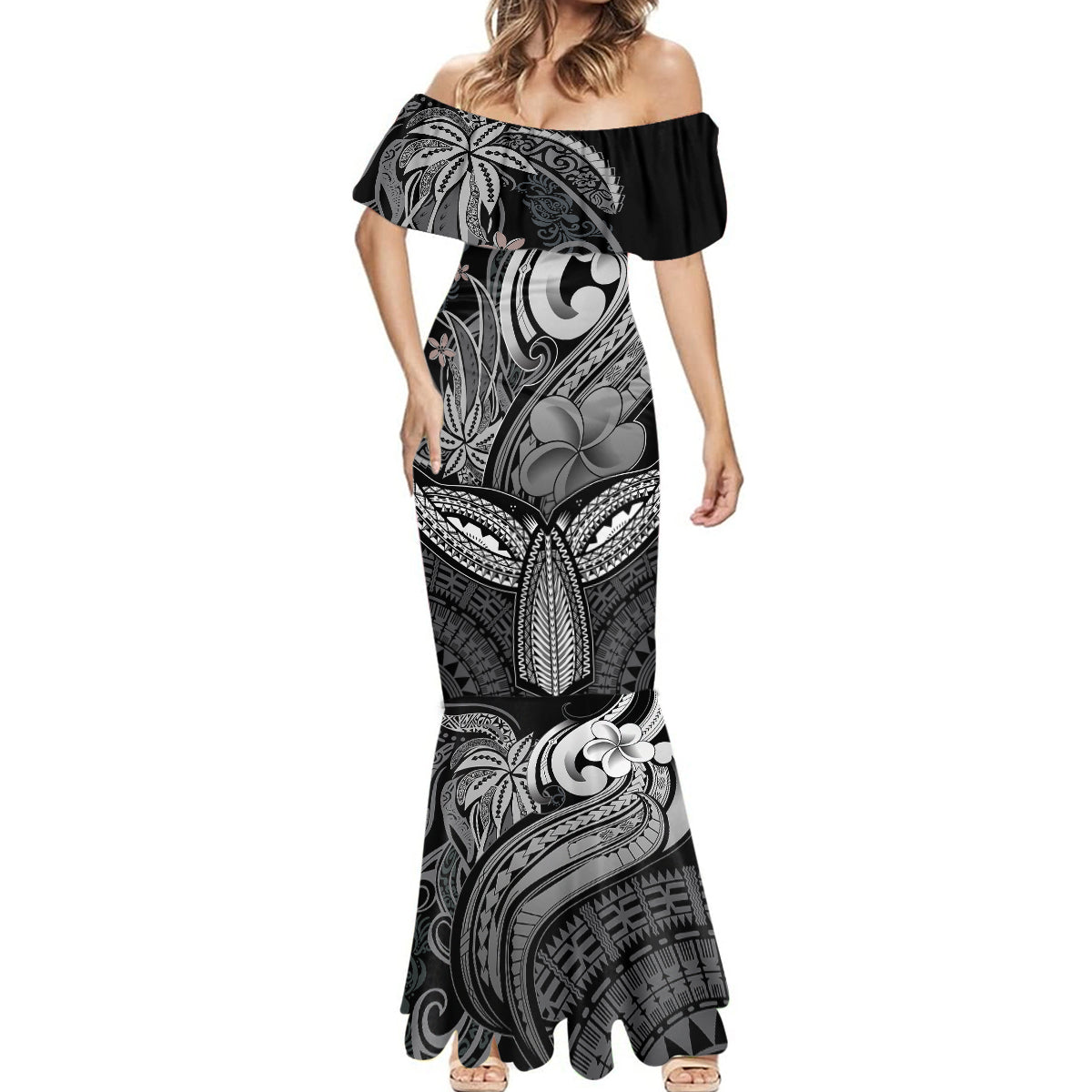 Polynesia Mermaid Dress Whale Tale and Polynesian Sunset Plumeria Black - Wonder Print Shop
