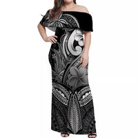 Polynesia Off Shoulder Maxi Dress Whale Tale and Polynesian Sunset Plumeria Black - Wonder Print Shop