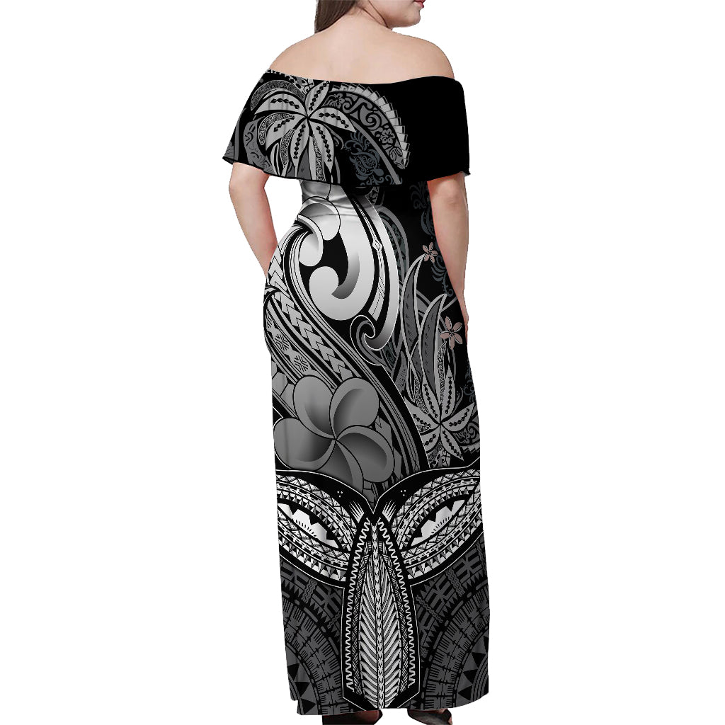 Polynesia Off Shoulder Maxi Dress Whale Tale and Polynesian Sunset Plumeria Black - Wonder Print Shop
