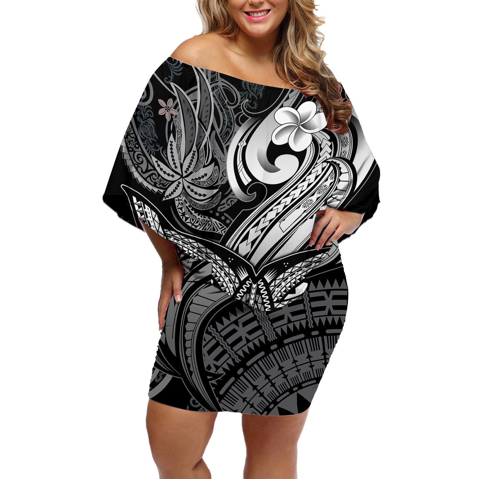 Polynesia Off Shoulder Short Dress Whale Tale and Polynesian Sunset Plumeria Black - Wonder Print Shop
