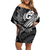 Polynesia Off Shoulder Short Dress Whale Tale and Polynesian Sunset Plumeria Black - Wonder Print Shop