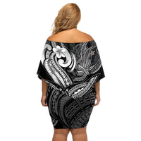 Polynesia Off Shoulder Short Dress Whale Tale and Polynesian Sunset Plumeria Black - Wonder Print Shop