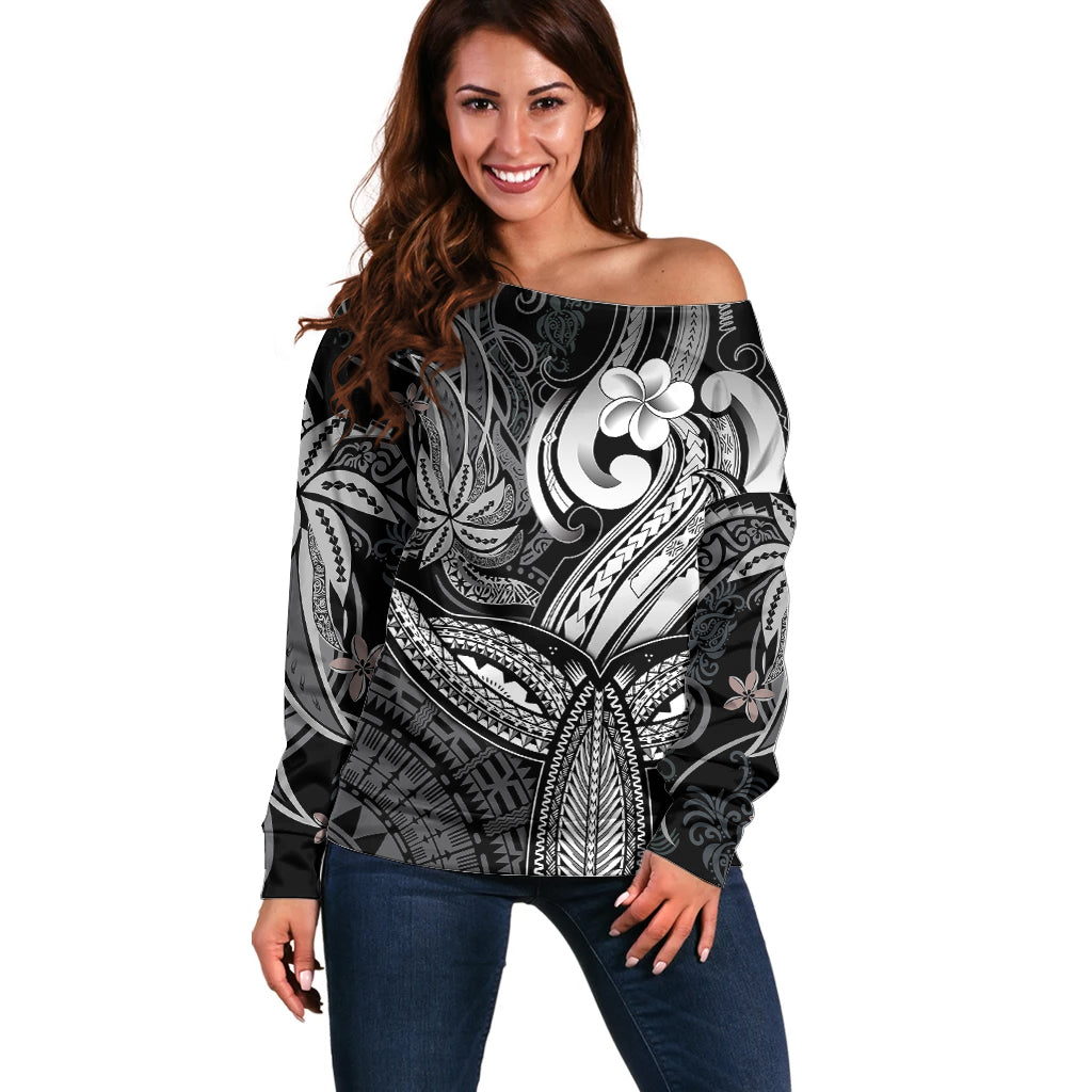 Polynesia Off Shoulder Sweater Whale Tale and Polynesian Sunset Plumeria Black - Wonder Print Shop