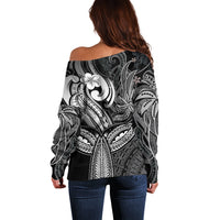 Polynesia Off Shoulder Sweater Whale Tale and Polynesian Sunset Plumeria Black - Wonder Print Shop
