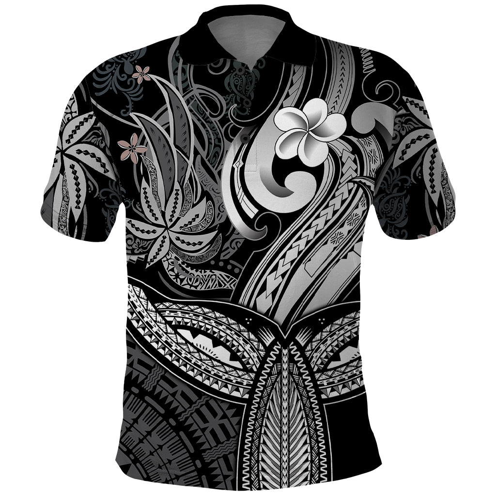 Polynesia Polo Shirt Whale Tale and Polynesian Sunset Plumeria Black - Wonder Print Shop