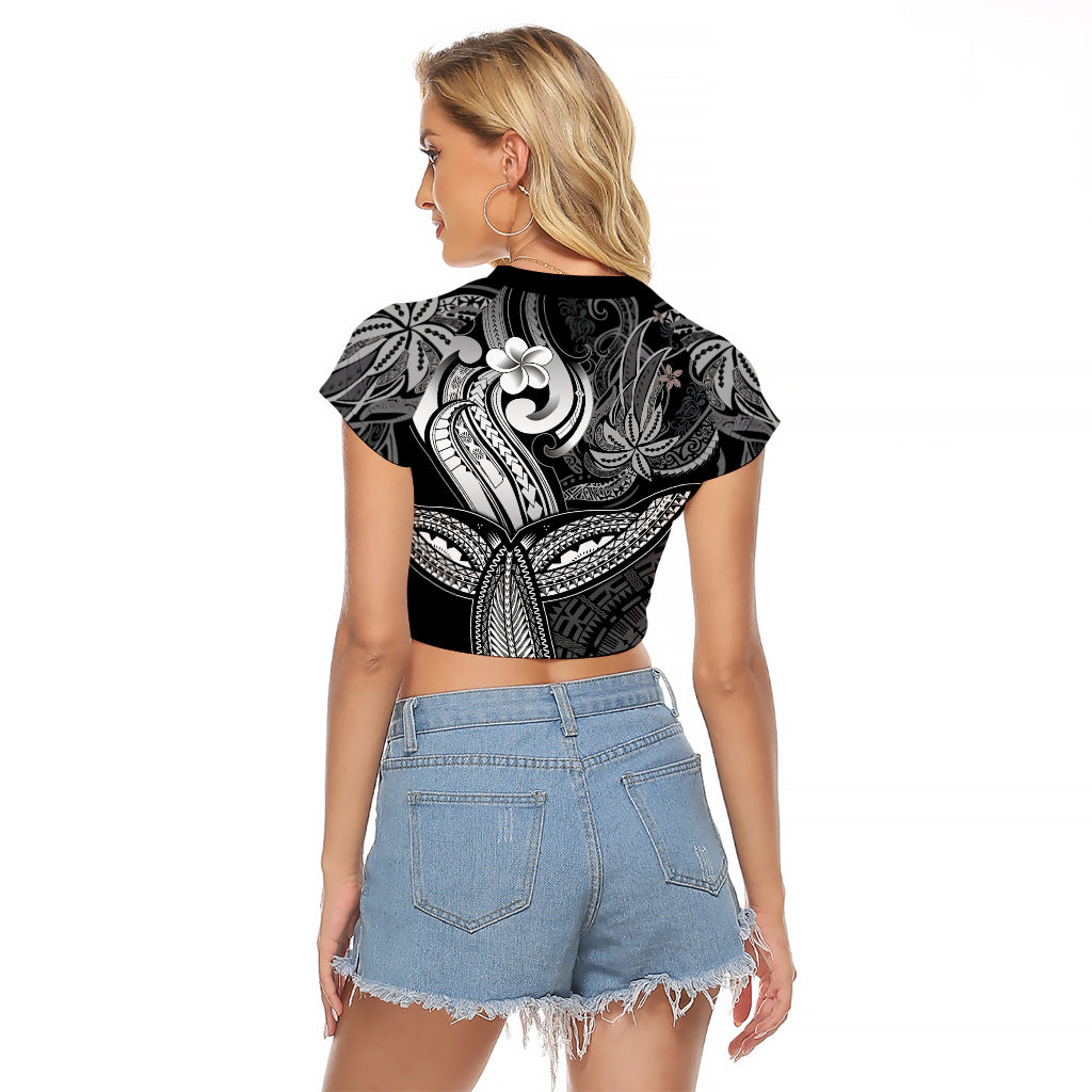Polynesia Raglan Cropped T Shirt Whale Tale and Polynesian Sunset Plumeria Black - Wonder Print Shop