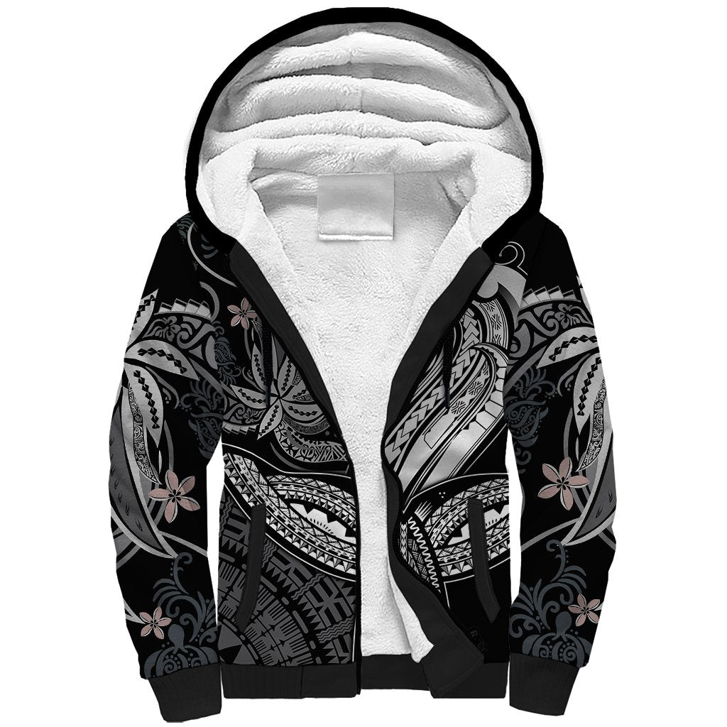 Polynesia Sherpa Hoodie Whale Tale and Polynesian Sunset Plumeria Black - Wonder Print Shop