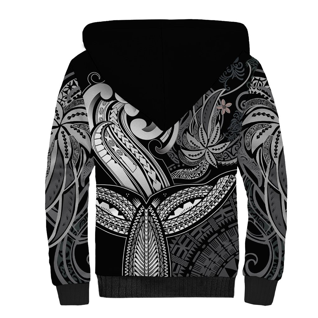 Polynesia Sherpa Hoodie Whale Tale and Polynesian Sunset Plumeria Black - Wonder Print Shop