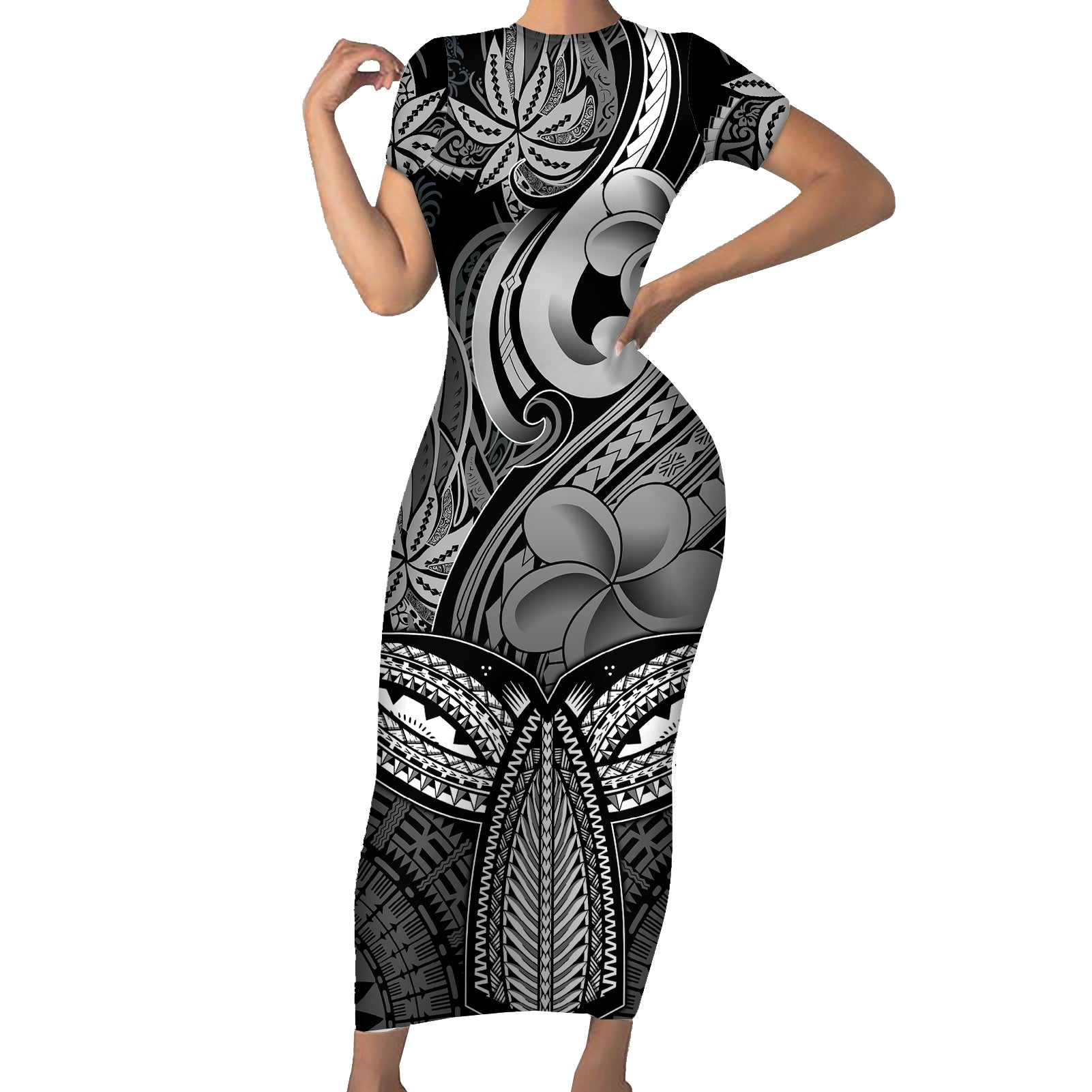 Polynesia Short Sleeve Bodycon Dress Whale Tale and Polynesian Sunset Plumeria Black - Wonder Print Shop