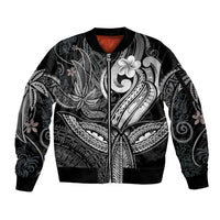 Polynesia Sleeve Zip Bomber Jacket Whale Tale and Polynesian Sunset Plumeria Black - Wonder Print Shop