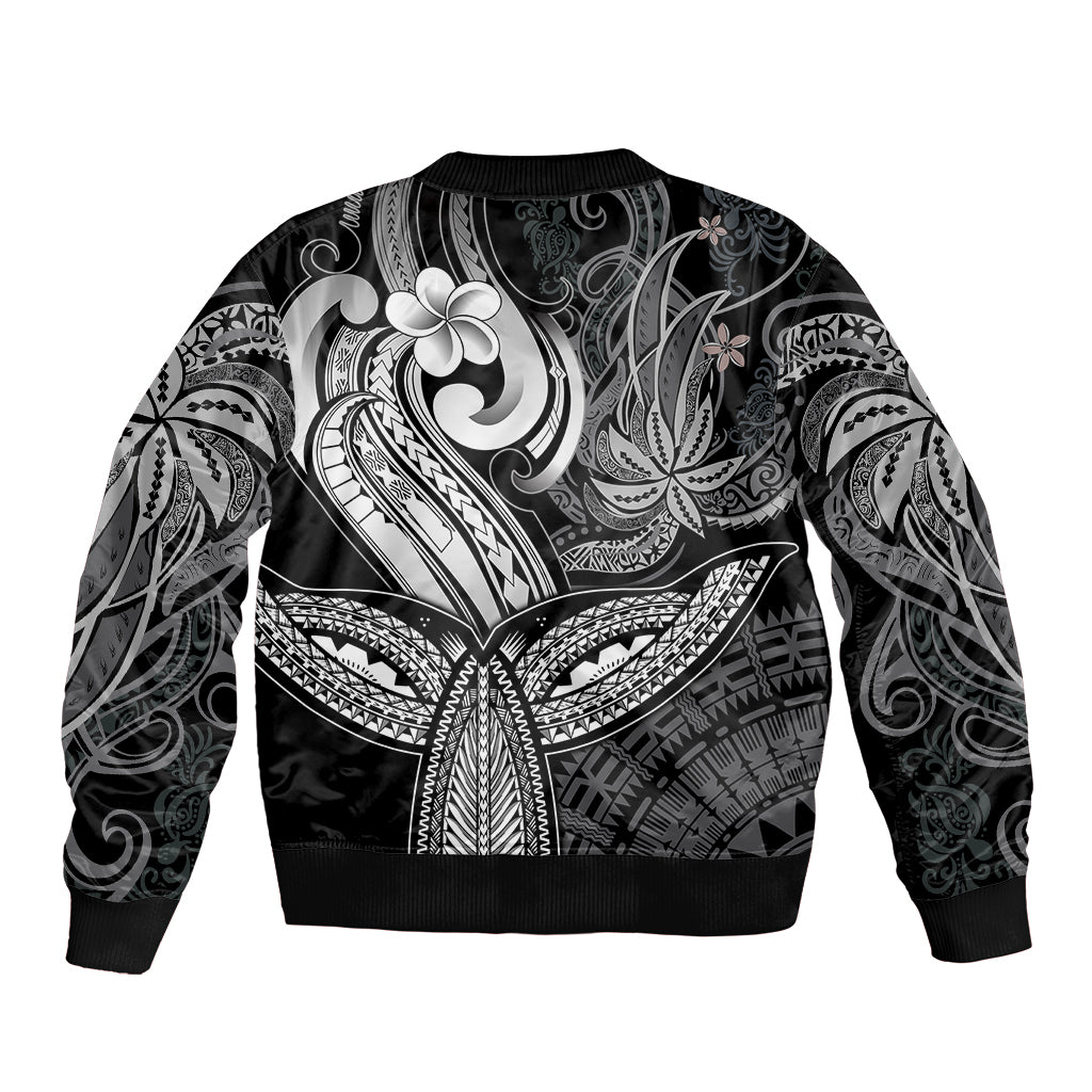 Polynesia Sleeve Zip Bomber Jacket Whale Tale and Polynesian Sunset Plumeria Black - Wonder Print Shop