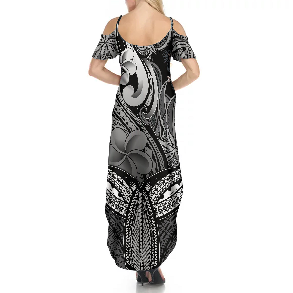 Polynesia Summer Maxi Dress Whale Tale and Polynesian Sunset Plumeria Black - Wonder Print Shop