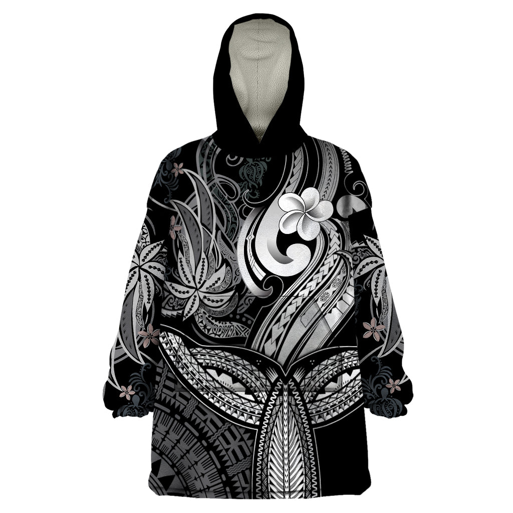 Polynesia Wearable Blanket Hoodie Whale Tale and Polynesian Sunset Plumeria Black - Wonder Print Shop