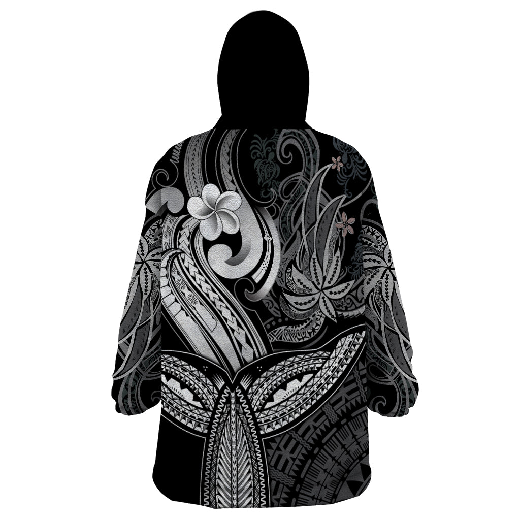 Polynesia Wearable Blanket Hoodie Whale Tale and Polynesian Sunset Plumeria Black - Wonder Print Shop