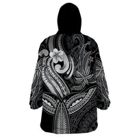 Polynesia Wearable Blanket Hoodie Whale Tale and Polynesian Sunset Plumeria Black - Wonder Print Shop