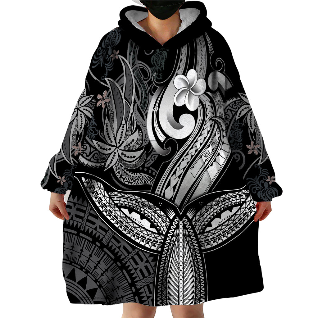 Polynesia Wearable Blanket Hoodie Whale Tale and Polynesian Sunset Plumeria Black - Wonder Print Shop
