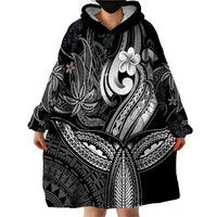 Polynesia Wearable Blanket Hoodie Whale Tale and Polynesian Sunset Plumeria Black - Wonder Print Shop