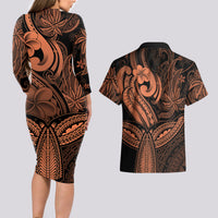 Polynesia Couples Matching Long Sleeve Bodycon Dress and Hawaiian Shirt Whale Tale and Polynesian Sunset Plumeria Gold LT9 - Wonder Print Shop
