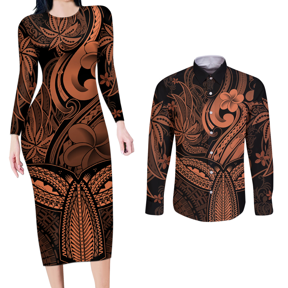 Polynesia Couples Matching Long Sleeve Bodycon Dress and Long Sleeve Button Shirts Whale Tale and Polynesian Sunset Plumeria Gold LT9 - Wonder Print Shop