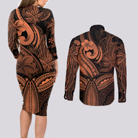 Polynesia Couples Matching Long Sleeve Bodycon Dress and Long Sleeve Button Shirts Whale Tale and Polynesian Sunset Plumeria Gold LT9 - Wonder Print Shop