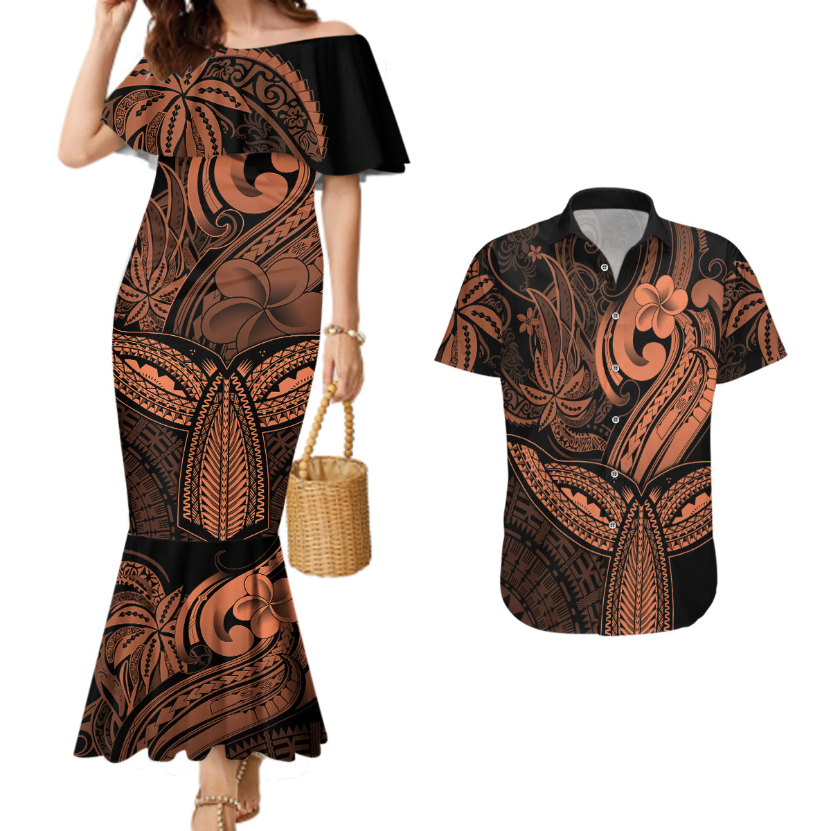 Polynesia Couples Matching Mermaid Dress and Hawaiian Shirt Whale Tale and Polynesian Sunset Plumeria Gold LT9 - Wonder Print Shop