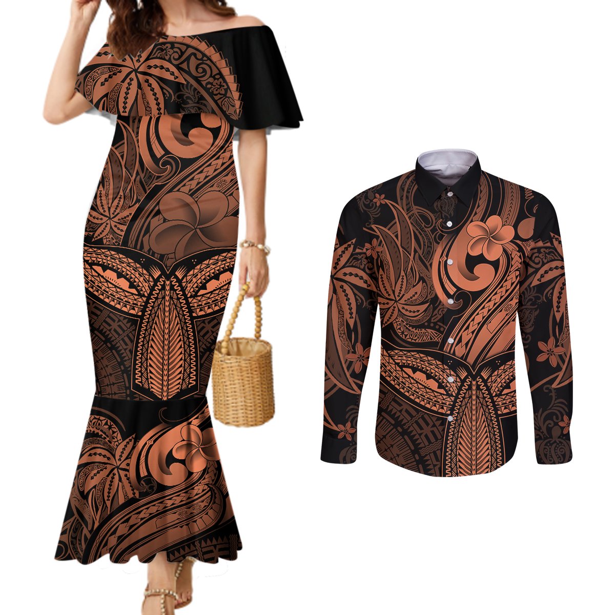 polynesia-couples-matching-mermaid-dress-and-long-sleeve-button-shirts-whale-tale-and-polynesian-sunset-plumeria-gold