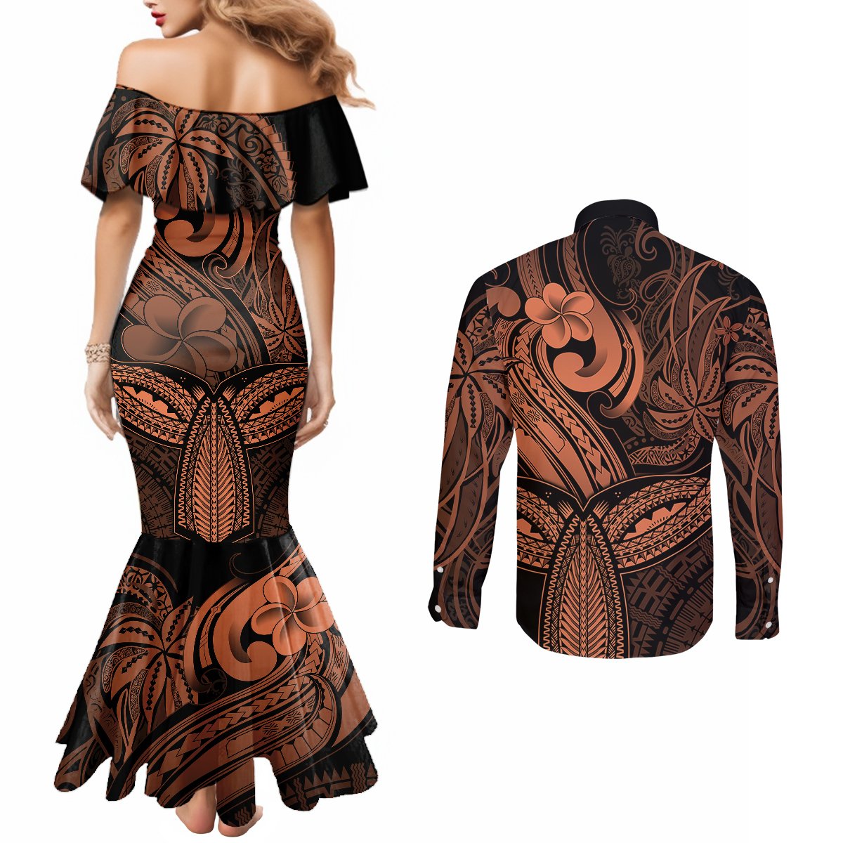 polynesia-couples-matching-mermaid-dress-and-long-sleeve-button-shirts-whale-tale-and-polynesian-sunset-plumeria-gold