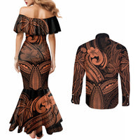 polynesia-couples-matching-mermaid-dress-and-long-sleeve-button-shirts-whale-tale-and-polynesian-sunset-plumeria-gold