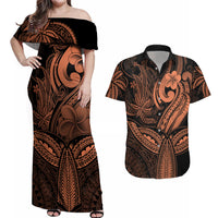 Polynesia Couples Matching Off Shoulder Maxi Dress and Hawaiian Shirt Whale Tale and Polynesian Sunset Plumeria Gold LT9 - Wonder Print Shop