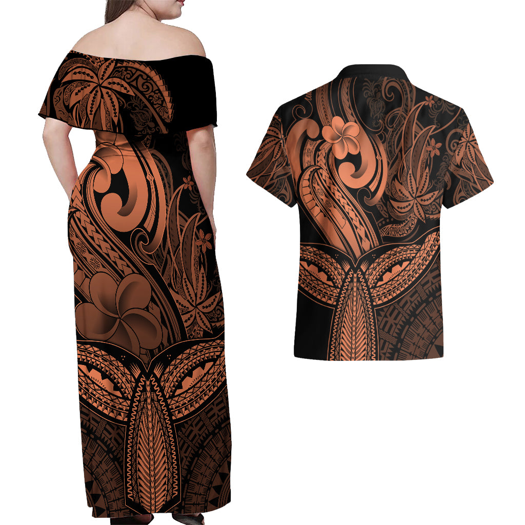 Polynesia Couples Matching Off Shoulder Maxi Dress and Hawaiian Shirt Whale Tale and Polynesian Sunset Plumeria Gold LT9 - Wonder Print Shop